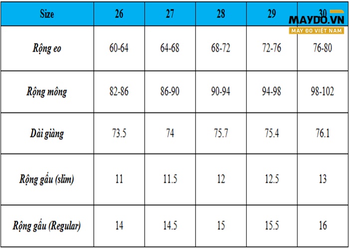Bảng size quần tây nữ